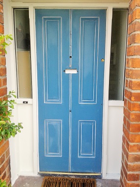 Sanded door with spot undercoat - Period front doors restoration by dip stripping with examples by Impressions Painters and Decorators