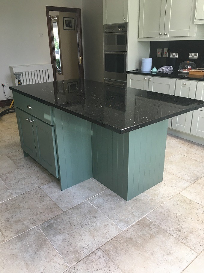 After photo of a hand-painted island unit in a kitchen in Co. Meath by Impressions Painting and Decorating
