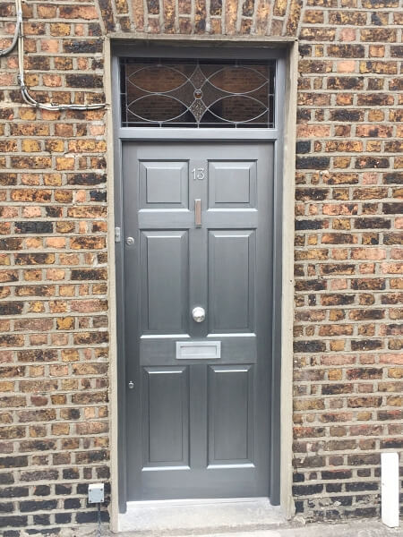 Newly painted new hardwood door in pewter metallic paint by Impressions painters and decorators in Dublin