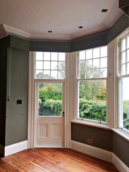 Painted and decorated period living room and windows painted by Impressions Painters and Decorators in Killiney