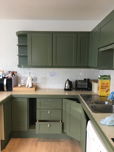 Handpainted itchen cabinets before being painted by Impressions cabinet painters in Ranelagh