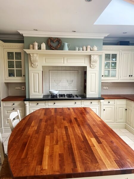 Restored, sanded and hard varnished kitchen counter tops by Impressions kitchen painter and decorators in Dublin