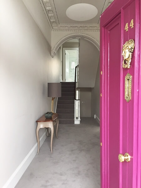 A hall, stairs, landing and Georgian door in a period home in Ranelagh after being painted by Impressions Painting and Decorators