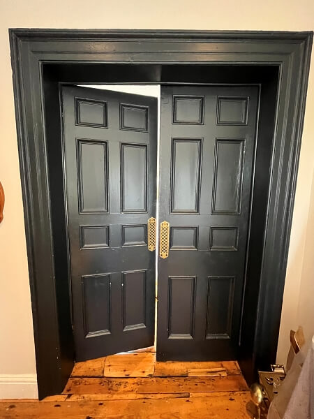Example of period double doors before being painted by Impressions painters and decorators in Ranelagh