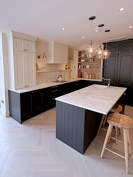 Bespoke new handmade kitchen cabinets and kitchen island by Da Barra kitchens and painted by Impressions painters Dublin
