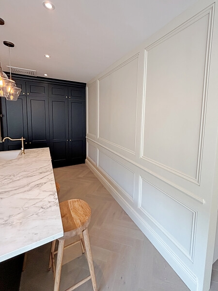 Bespoke new handmade kitchen cupboards and island by Da Barra kitchens and painted by Impressions kitchen painters Dublin